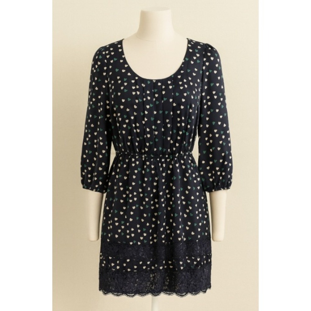 Max Studio XS Navy Blue Green White Heart Print Mini Dress Lace Trim